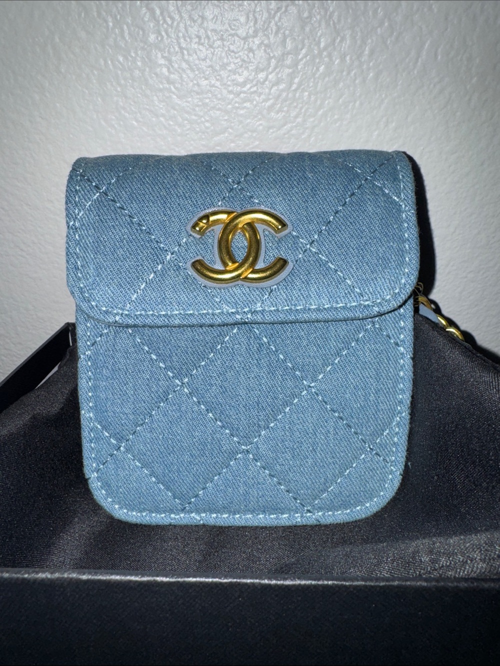 CHANEL Denim Quilted Mini Crossbody Bag with Gold CC